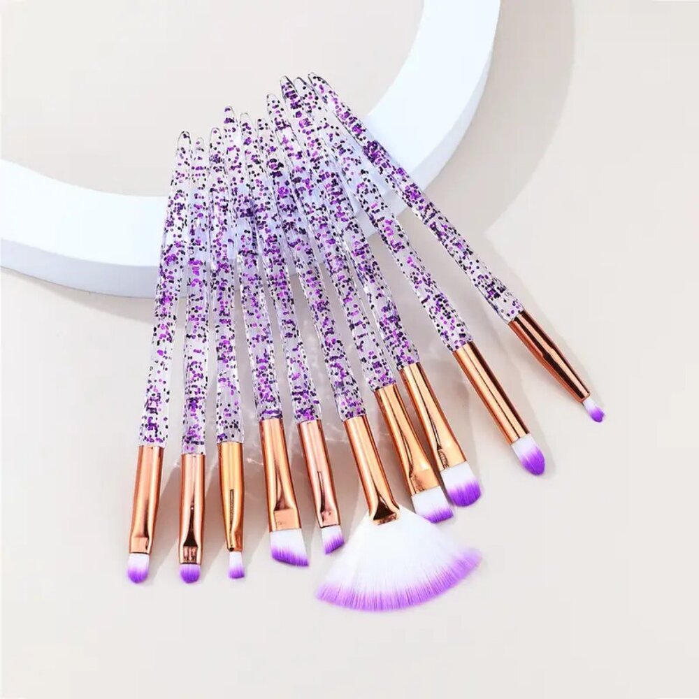 10pcs Crystal Glitter Makeup Brush Set - Eye Shadow, Eyebrow, Blending